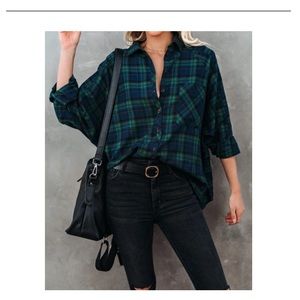 NWT Norwalk cotton plaid blue and green button down shirt